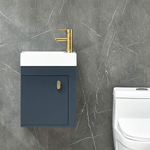 YOURLITE 16 inch Wall Mounted Floating Bathroom Vanity Sink Set Blue Cabinet with Golden Copper Faucet and Pop Up Drain,PVC Cabinet Sink Combo for Small Bathroom