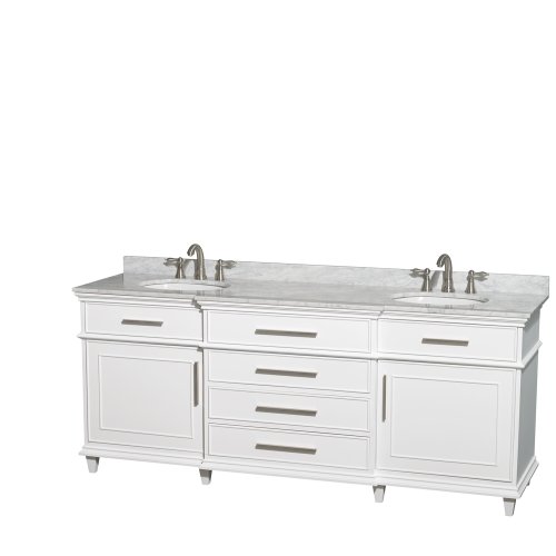 Wyndham Collection Berkeley 80 inch Double Bathroom Vanity in White with White Carrara Marble Top with White Undermount Oval Sinks and No Mirror