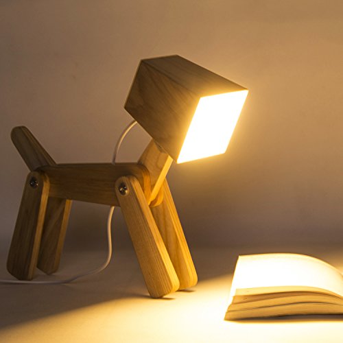 Cute Dog Adjustable Wooden Dimmable Beside Desk Table Lamp