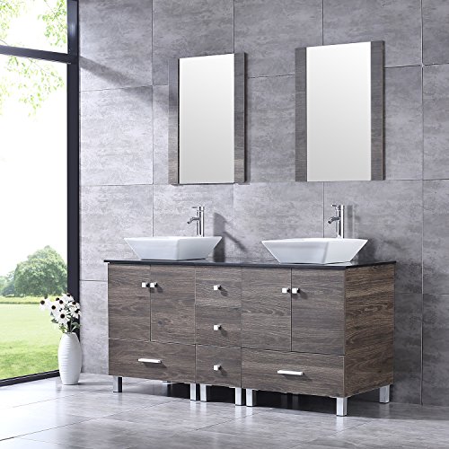 Bathroom Vanity Wood Cabinet Double Square Ceramic Porcelain Sink Combo with Faucet & Mirrors New