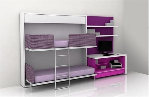 purple bunk bed and desk