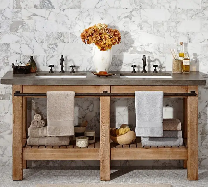 rustic double sink made of concrete and pine