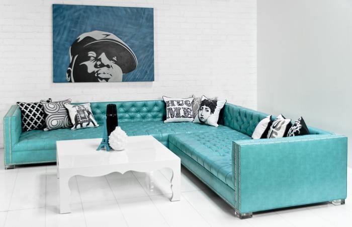 blue tufted leather corner sofa