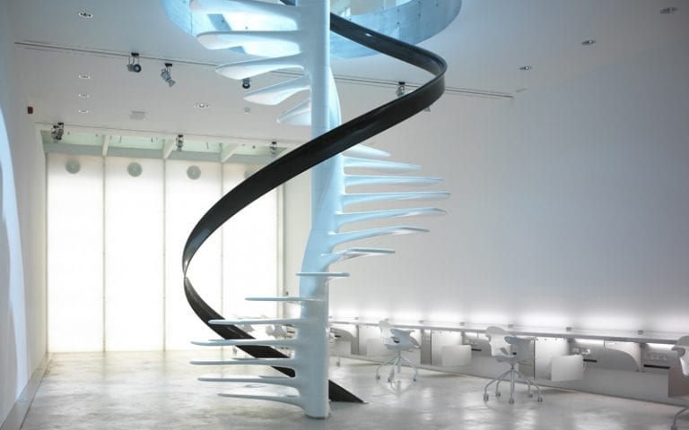 Futuristic Ross Lovegrove spiral staircase