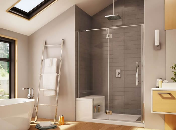 small shower stall with seat